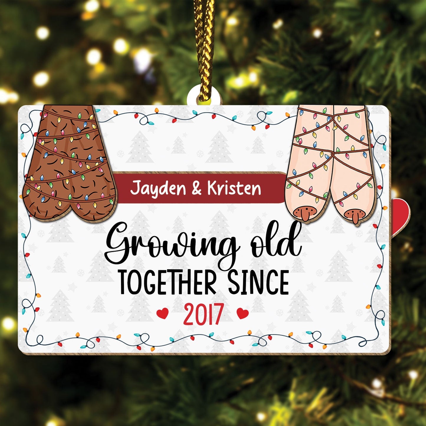 Personalized couples Christmas ornament with names Jayden and Kristen growing old together since 2017