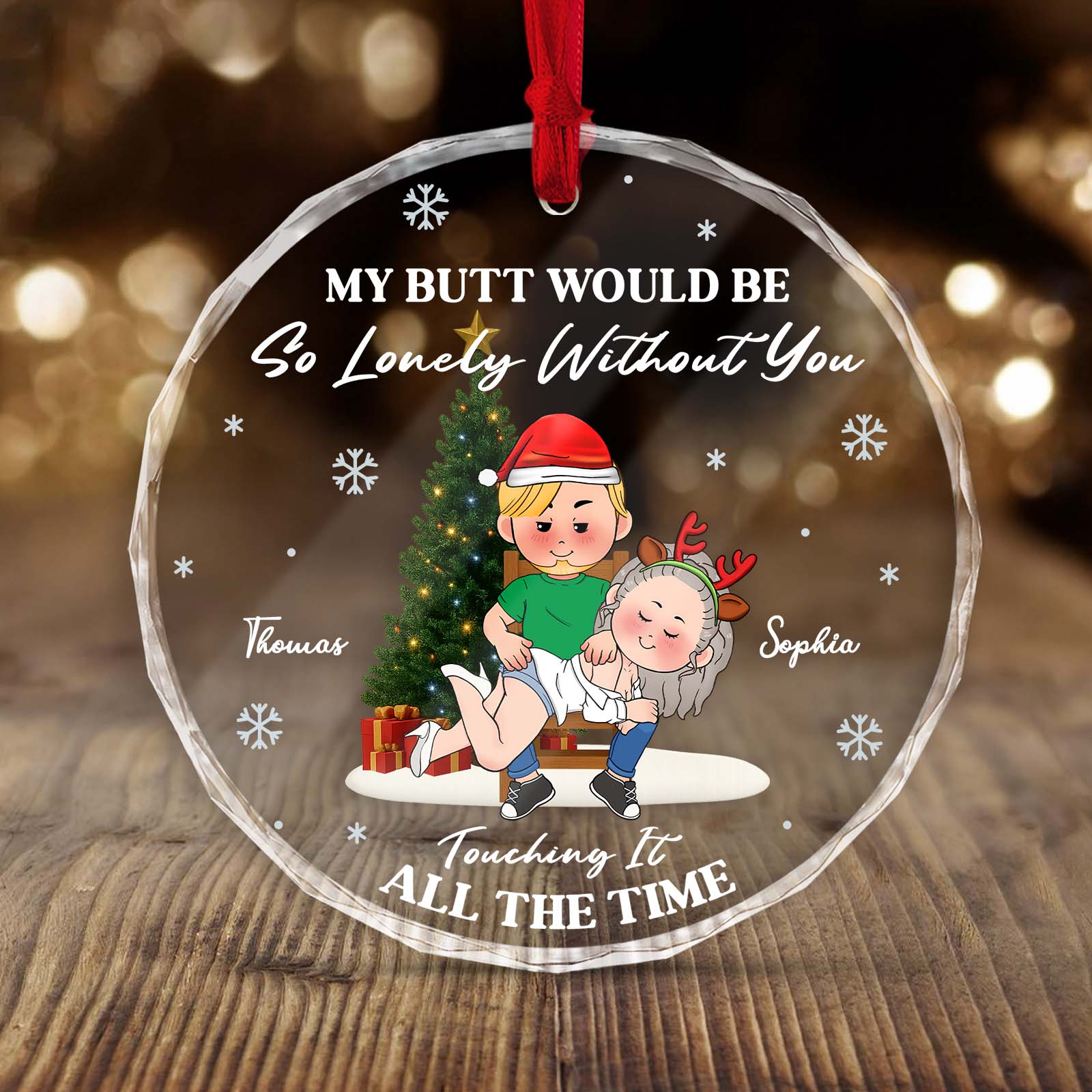 Personalized couples Christmas ornament featuring playful couple design with names Thomas and Sophia