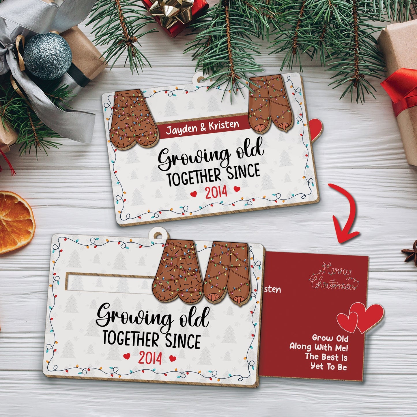 Personalized couples Christmas ornament with mitten design and custom names growing old together since 2014