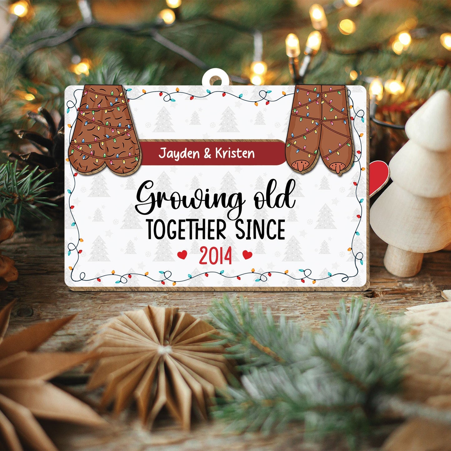 Personalized couples Christmas ornament with custom names and year growing old together design