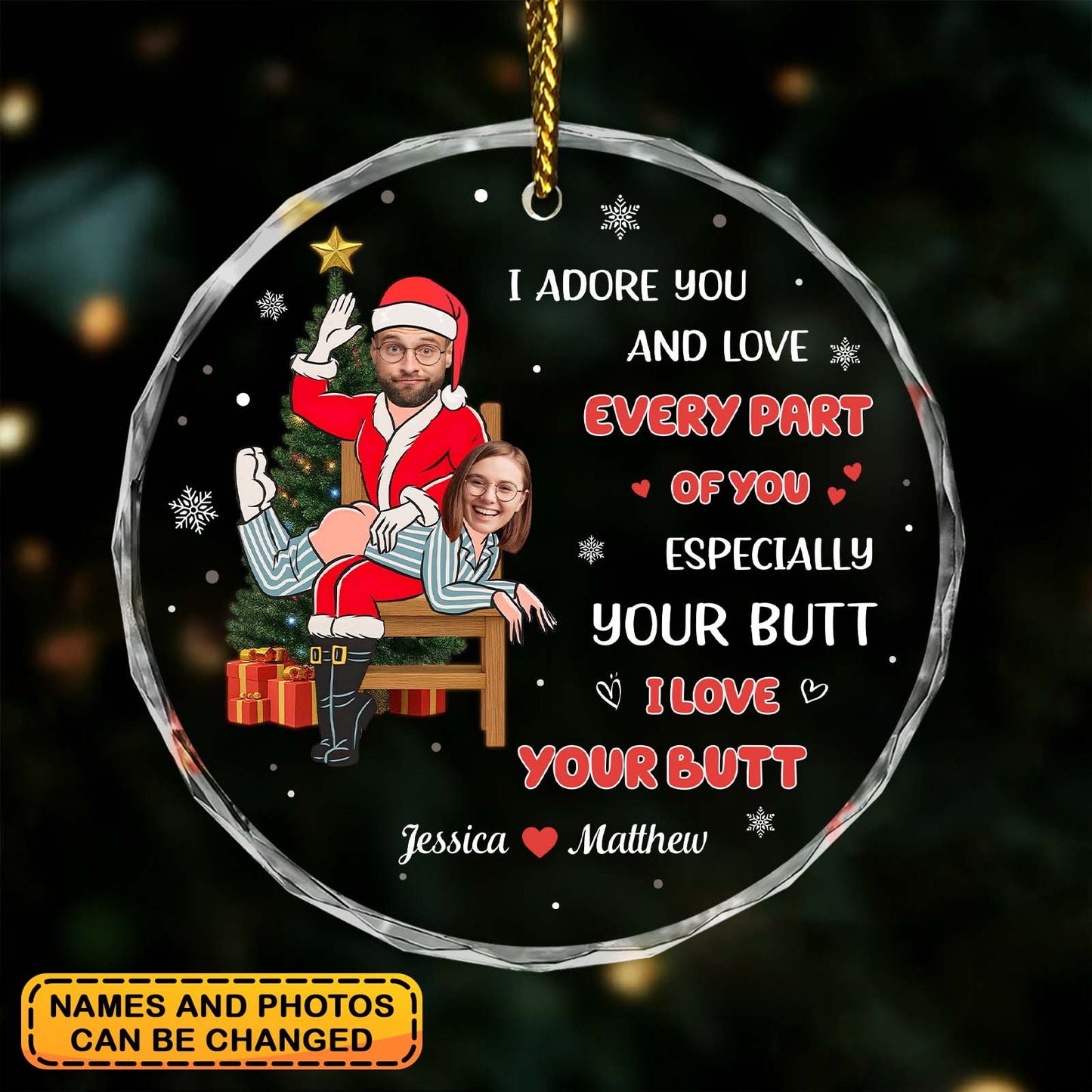 Personalized couples glass ornament featuring a festive design and custom names for a unique gift