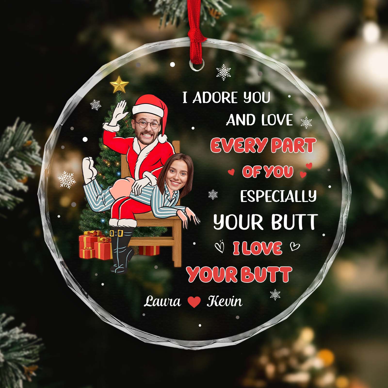 Personalized couples glass ornament featuring custom text and festive design with Santa and joyful couple