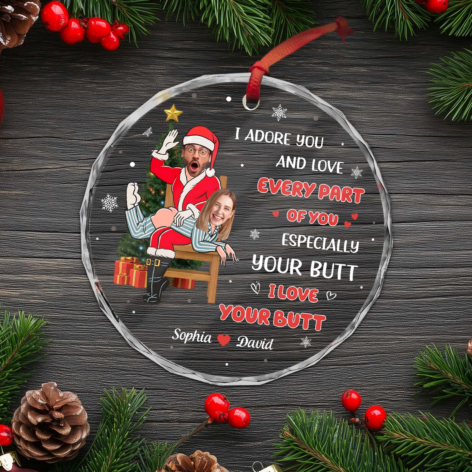 Personalized couples glass ornament featuring a fun holiday design with custom names and playful text
