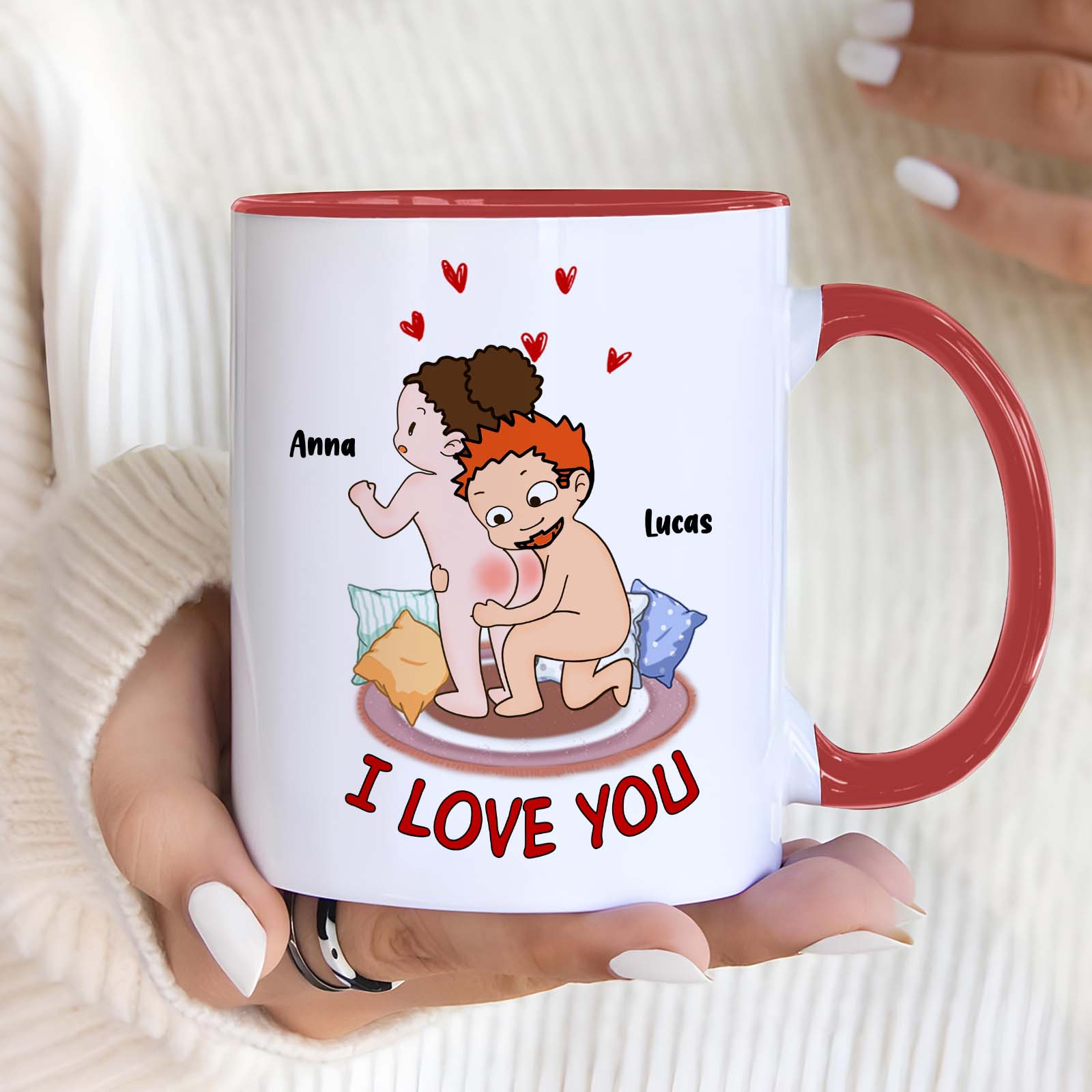 Personalized couples mug featuring cute cartoon characters and love hearts for a romantic gift