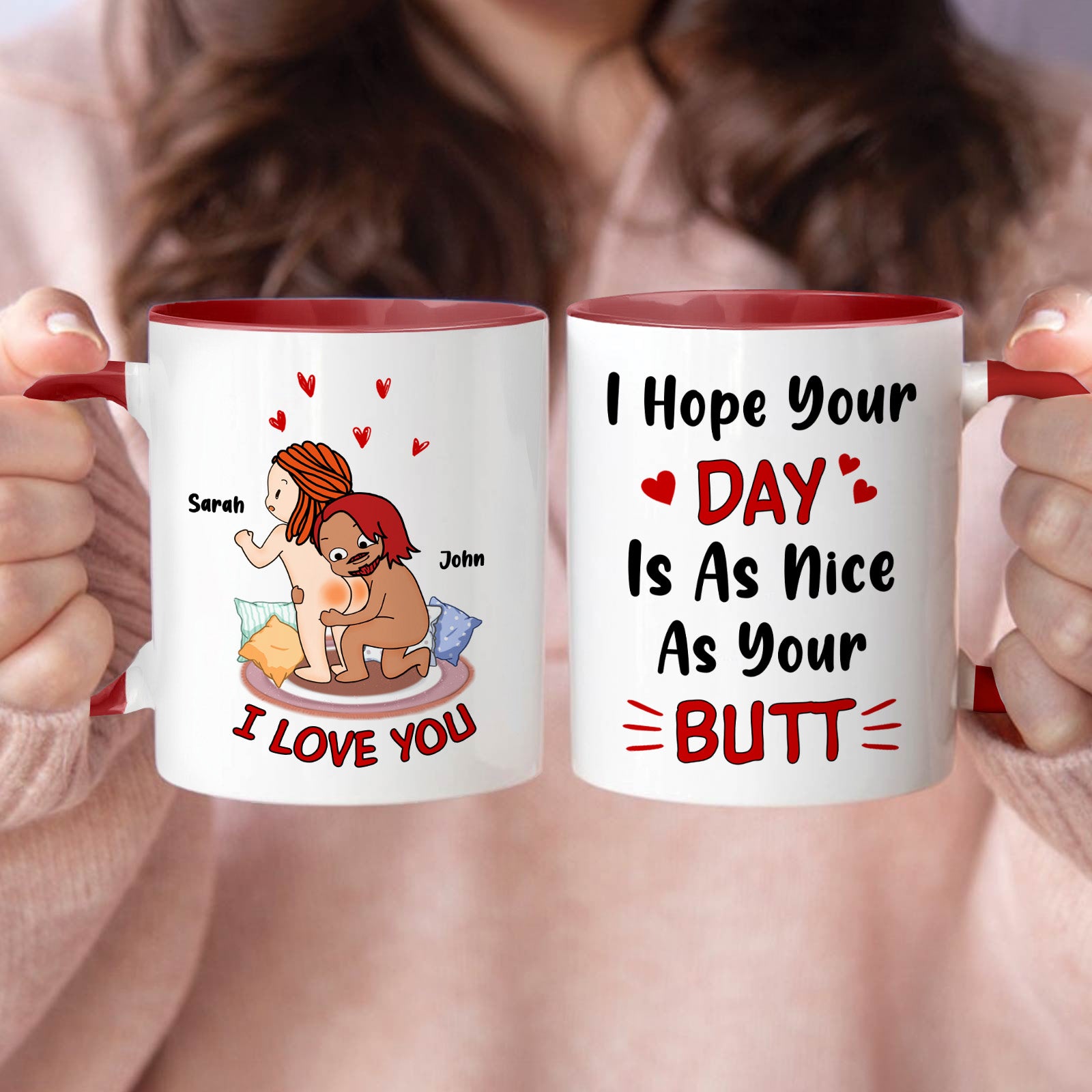 Personalized couples mug with funny dog illustration and playful text for gifting to partners