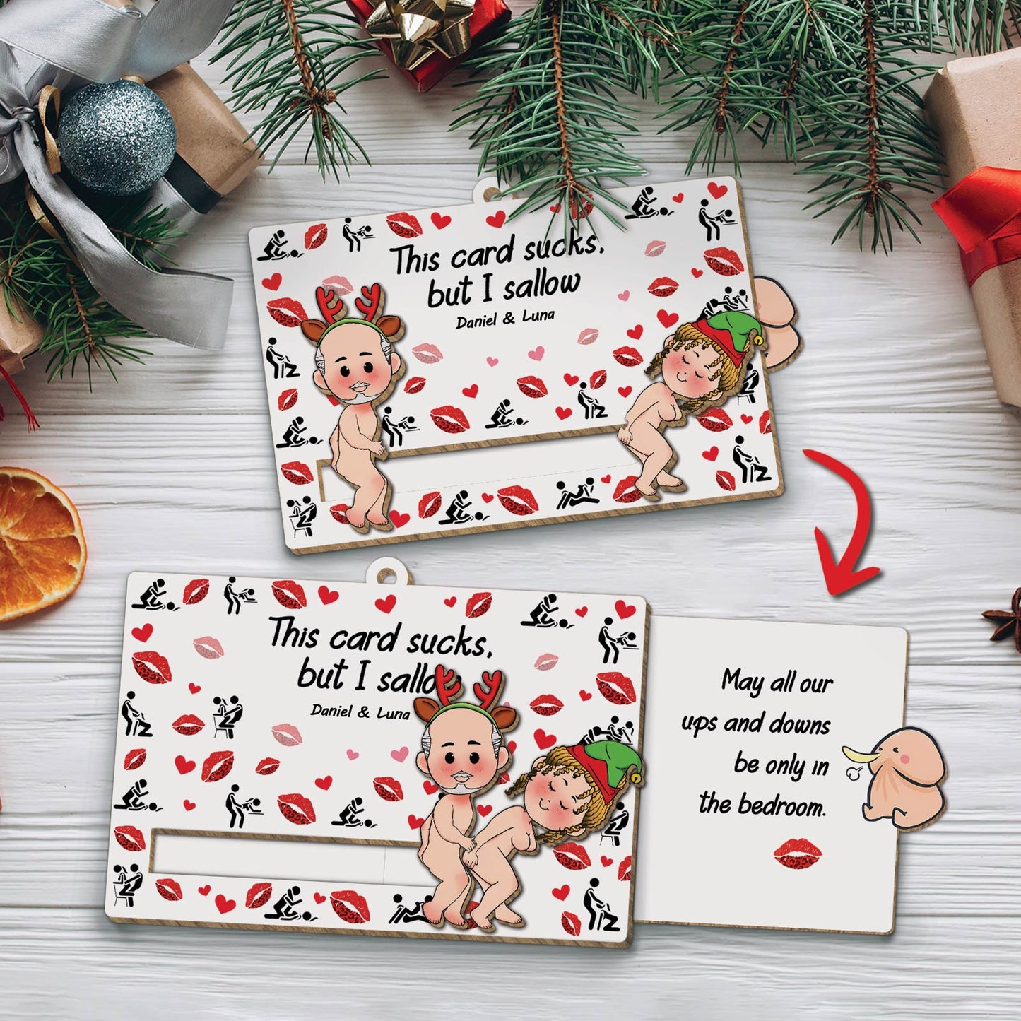 Personalized couples ornament with humorous kissing and playful characters on white background and custom message
