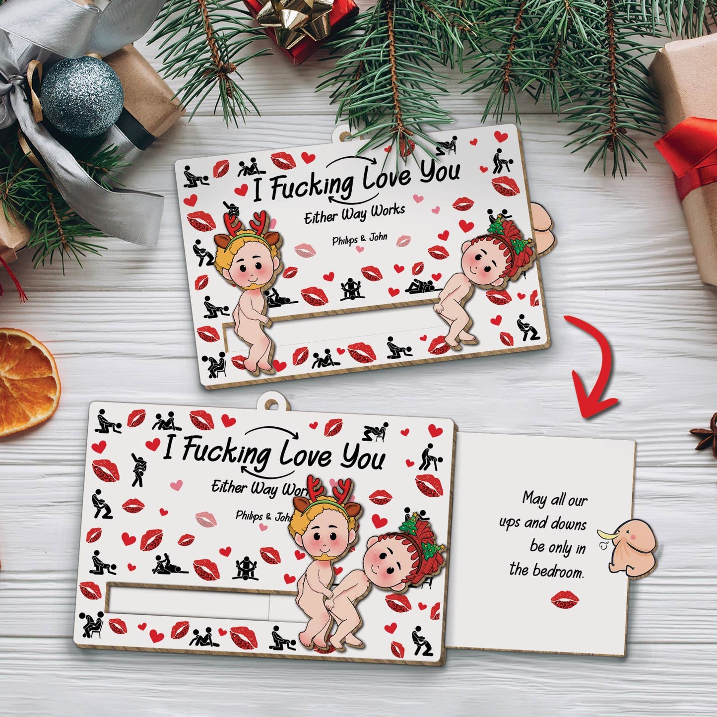 365Gifty personalized couples ornament featuring playful reindeer characters with romantic message and customizable names