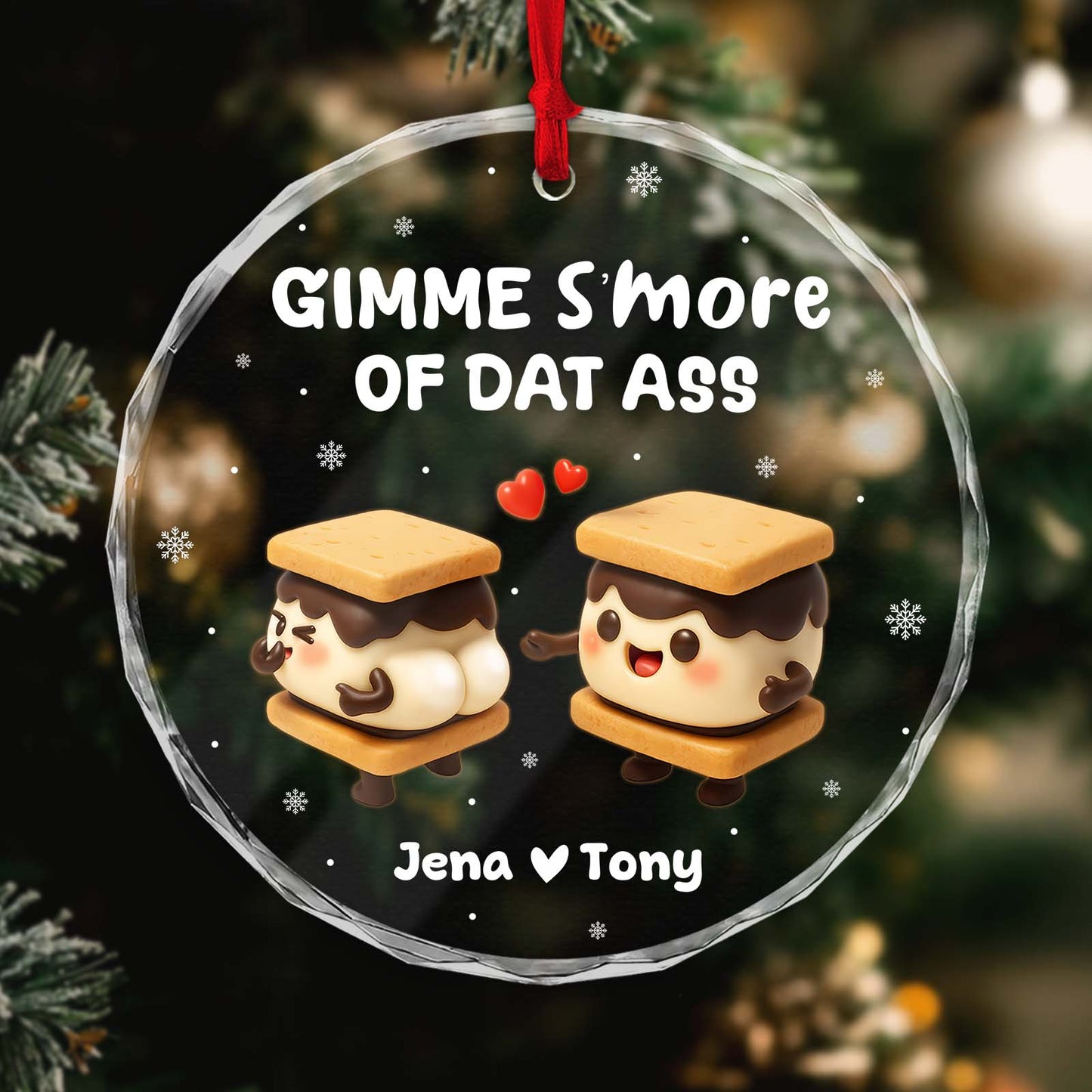 Unique personalized couples ornament featuring cute s'mores characters and names Jena and Tony