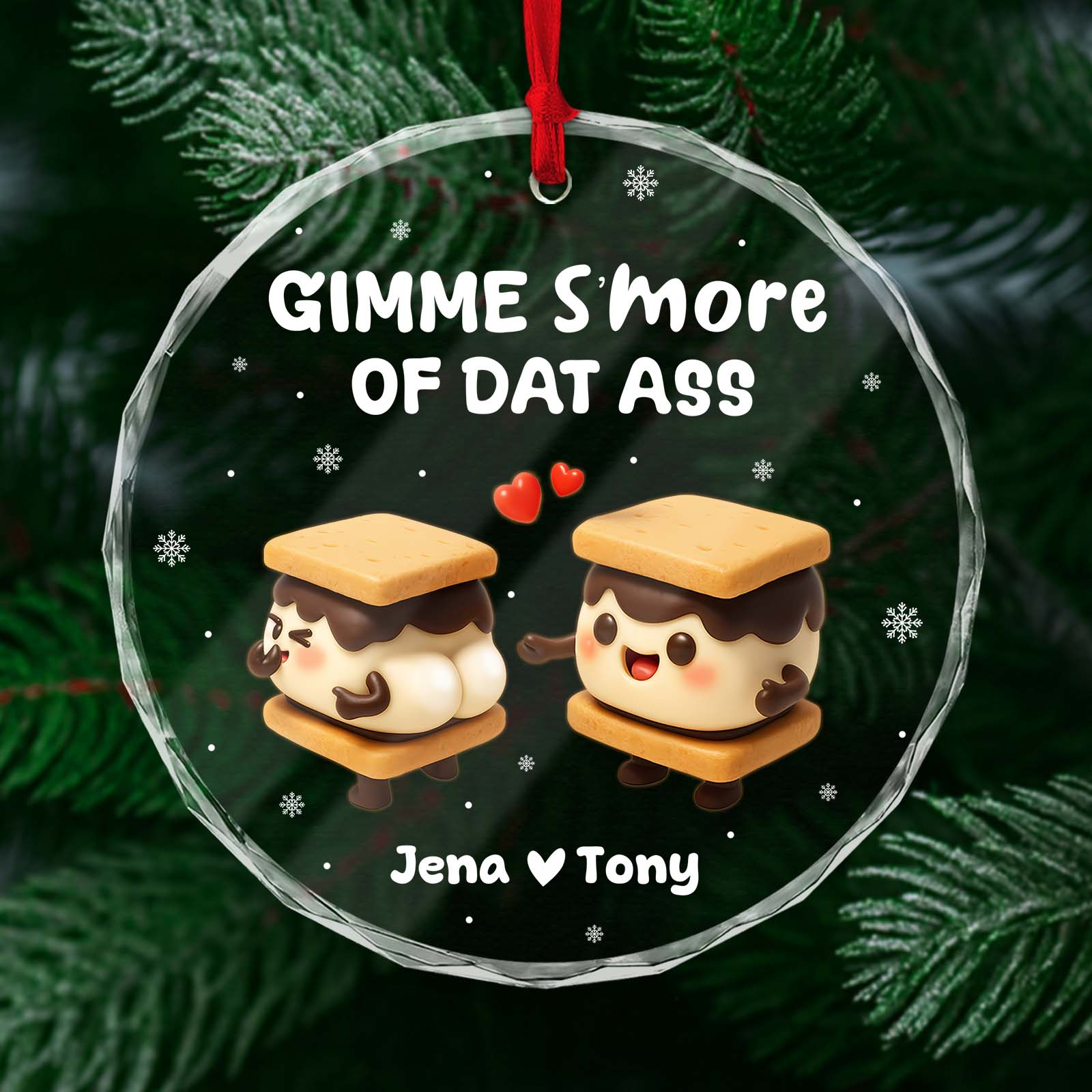 Personalized couples ornament featuring cute cartoon s'mores with names Jena and Tony
