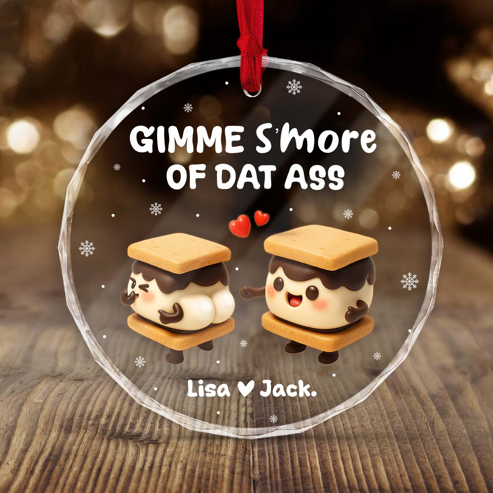 Personalized couples ornament featuring cute s'mores characters with playful text for a fun holiday decoration