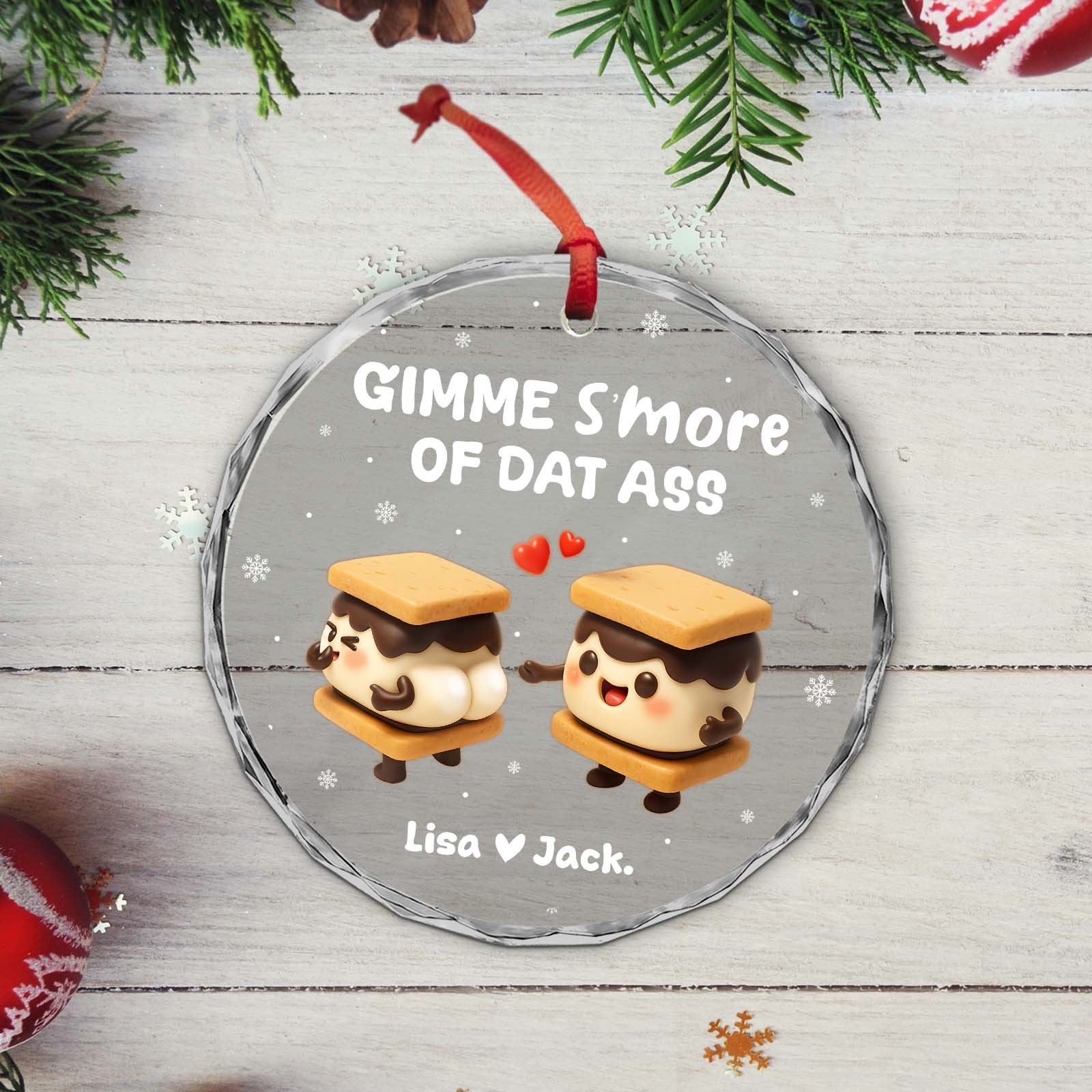 Personalized couples ornament featuring cute s'mores characters with the phrase Gimme S’more of Dat Ass