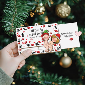 365Gifty personalized couples ornament holding a cheeky playful design with festive characters by a Christmas tree