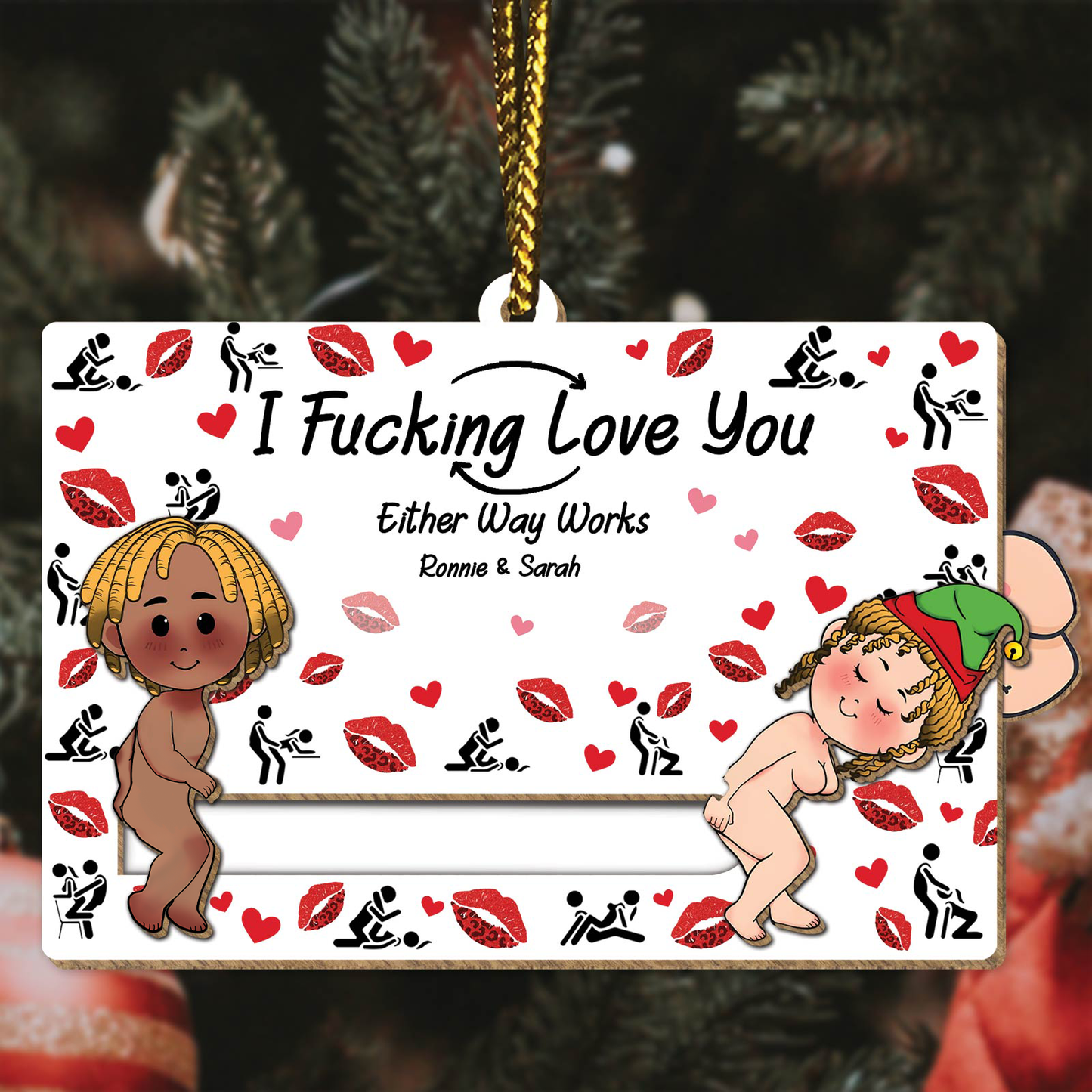 365Gifty personalized couples ornament with playful characters and romantic message I Fucking Love You