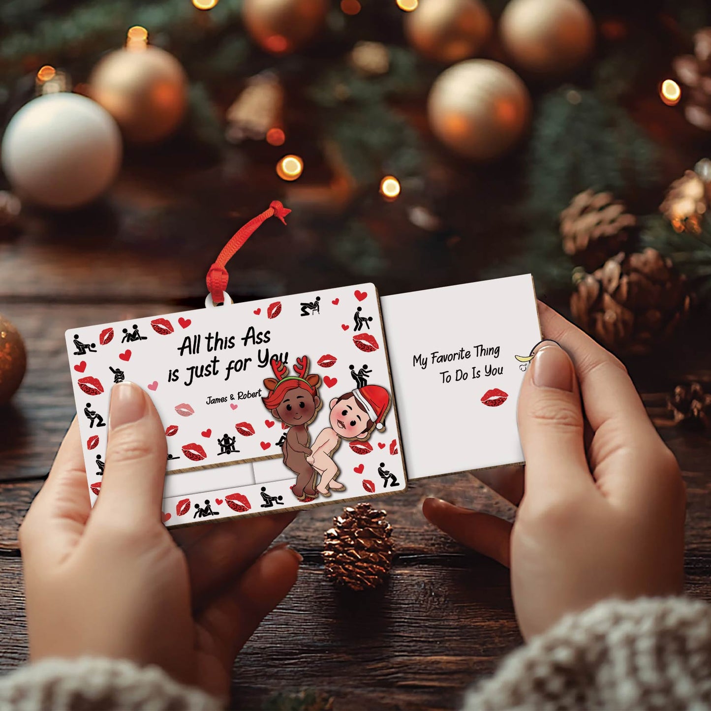 365Gifty personalized couples ornament with humorous message and cute couple figurines on a holiday background