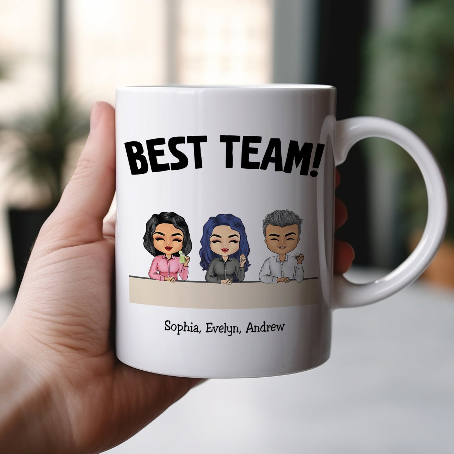 Personalized coworker gift mug featuring cartoon characters with the text Best Team