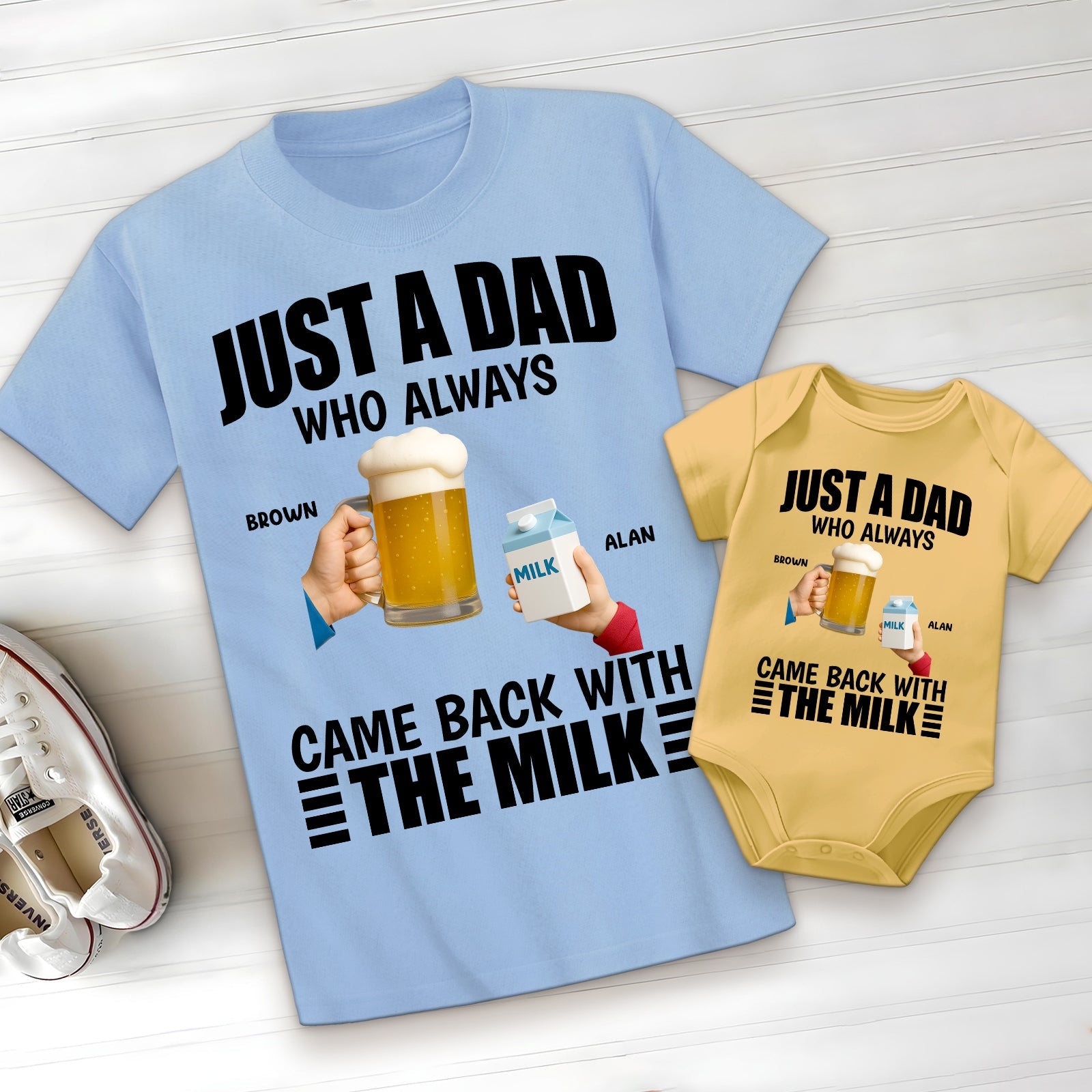 365Gifty personalized dad and baby matching shirts with Just A Dad Came Back With The Milk design