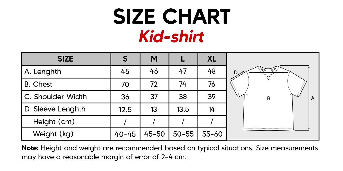 Size chart for kid-shirt showing length chest shoulder width and sleeve length for sizes S to XL