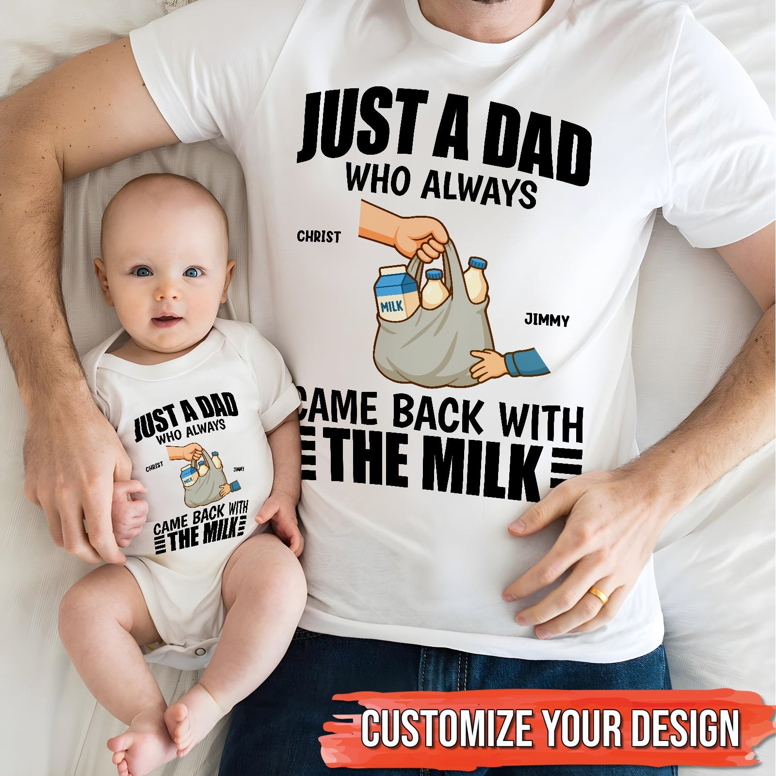 Personalized dad and baby matching shirts with milk bag design and custom names from 365Gifty