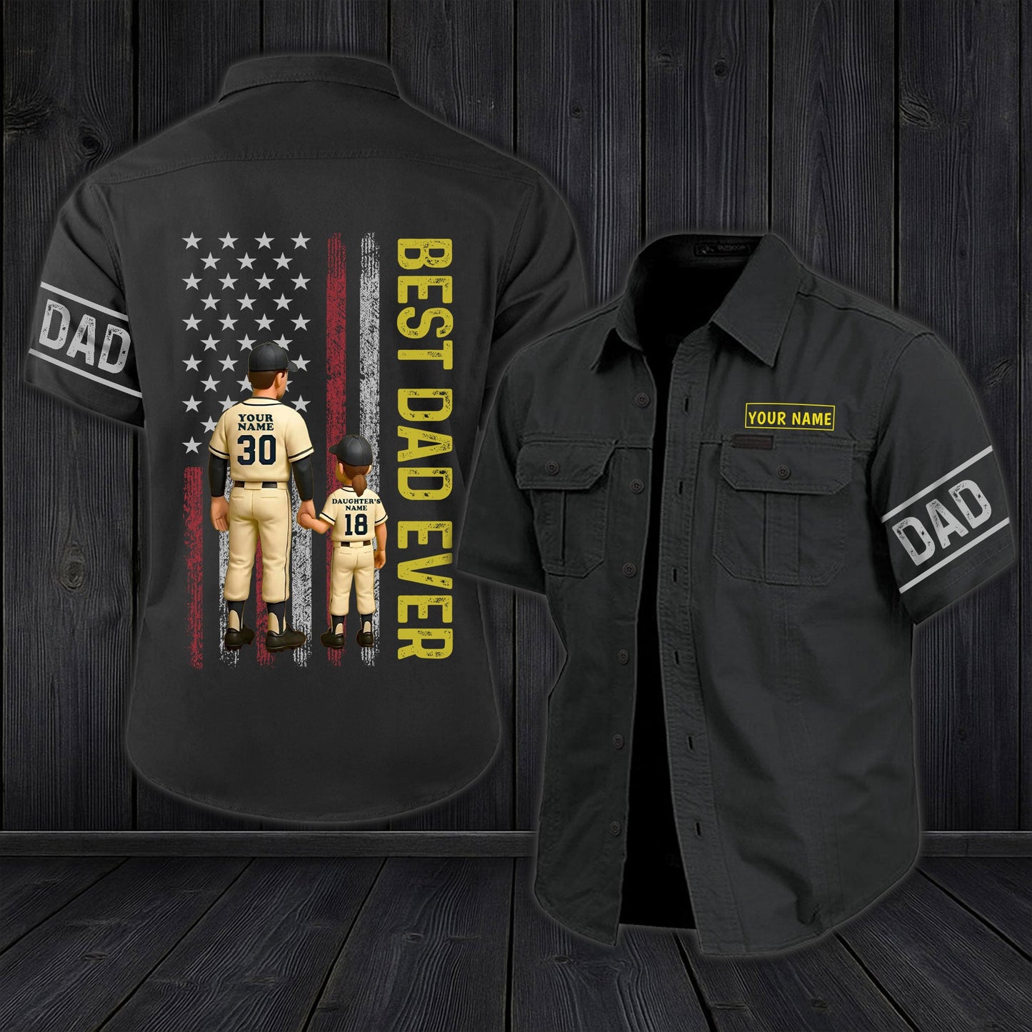 Personalized dad cargo shirt in black with Best Dad Ever design and customizable name patches