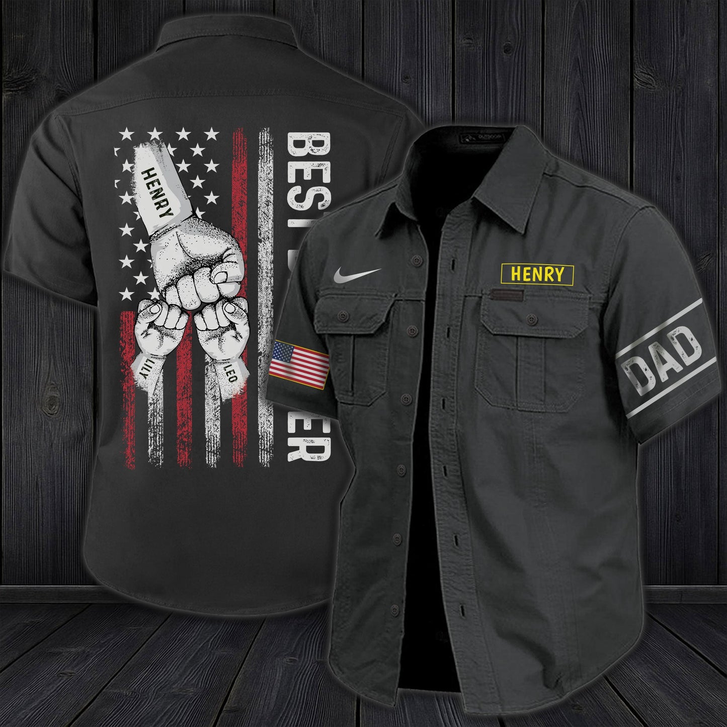 Personalized dad cargo shirt in dark gray with name patch and American flag design for fathers