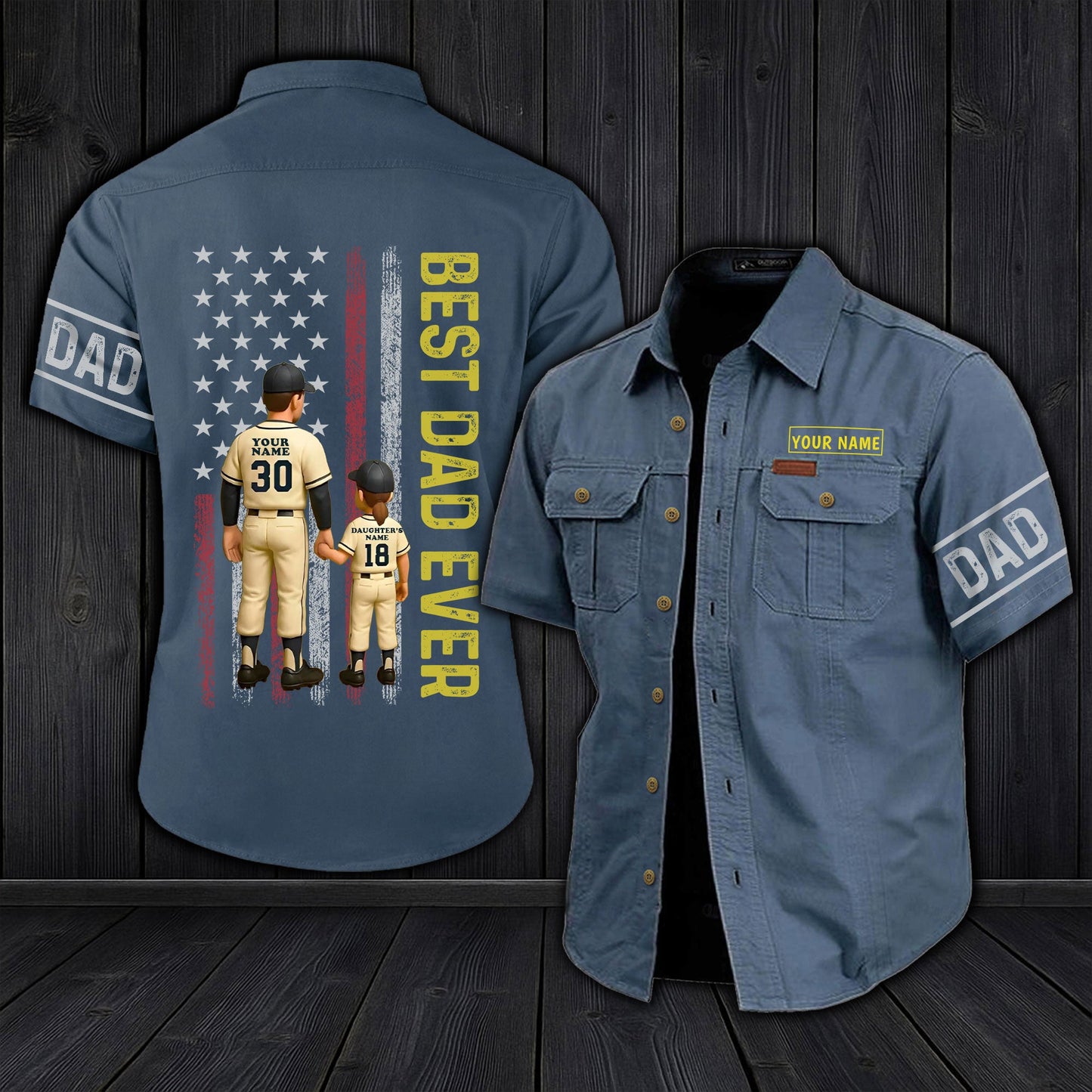 365Gifty personalized dad cargo shirt in blue with custom name patch and best dad ever graphic on back