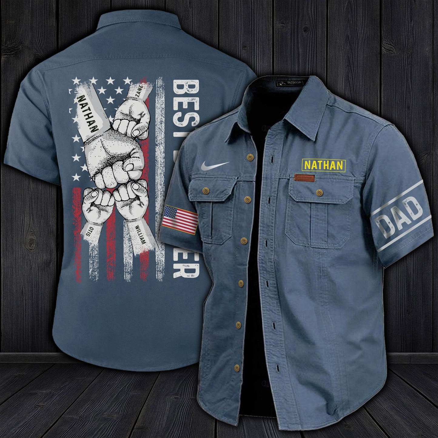 Personalized dad cargo shirt in blue with name patch Nathan and American flag patch