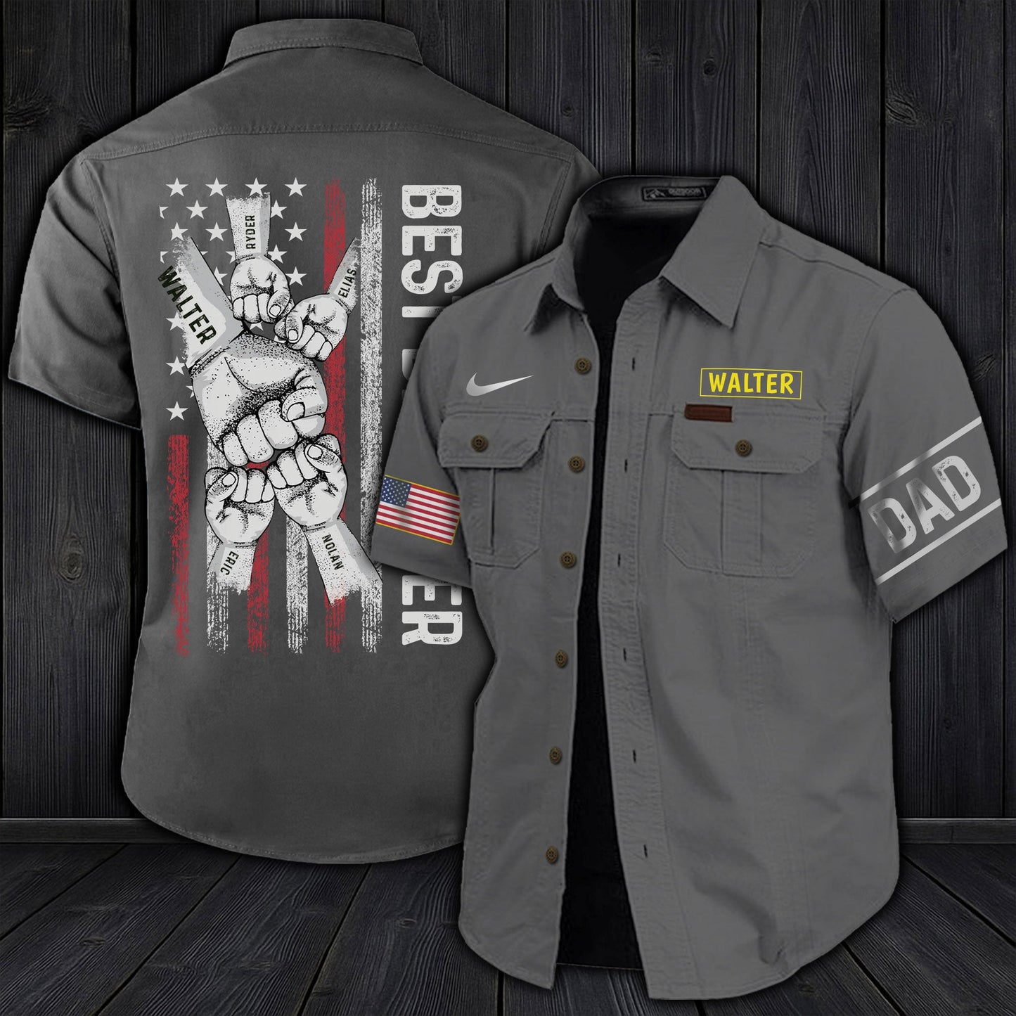 Gray personalized dad cargo shirt with American flag, Dad patch on sleeve, and custom name Walter on chest