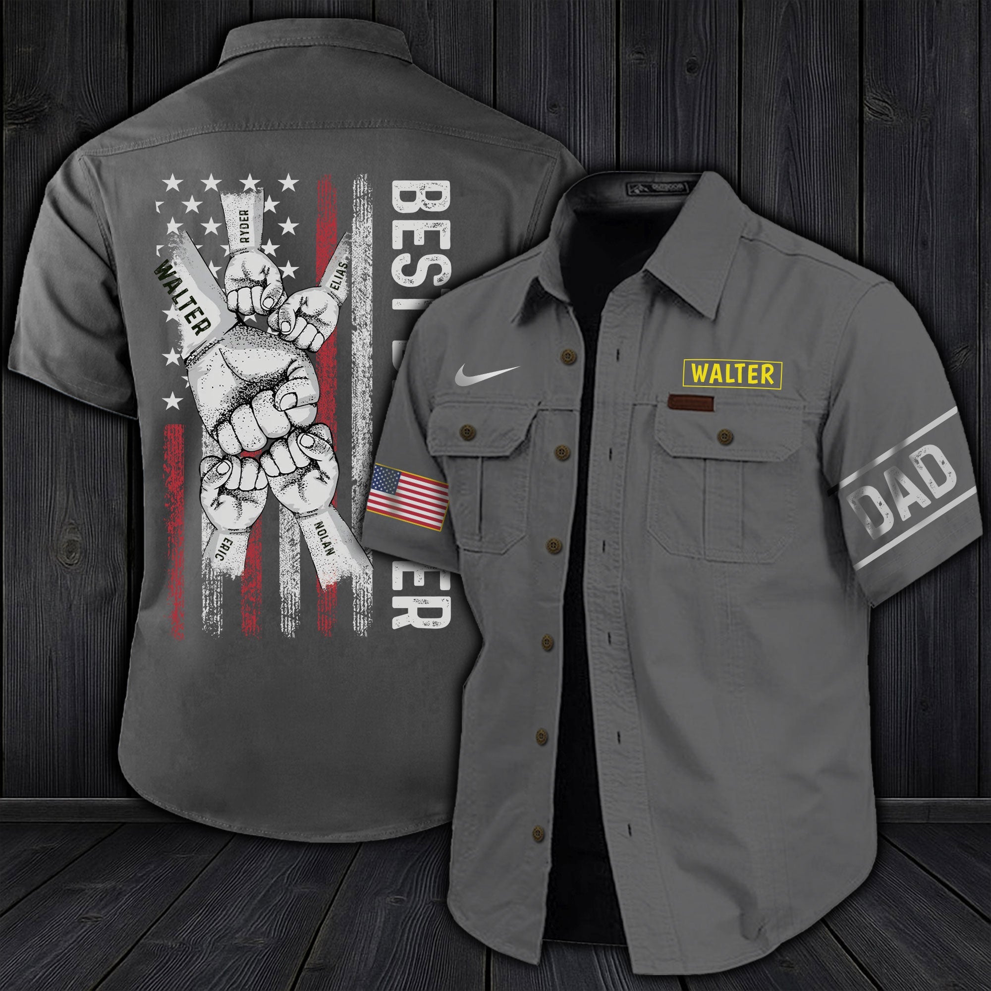 Gray personalized dad cargo shirt with American flag, Dad patch on sleeve, and custom name Walter on chest