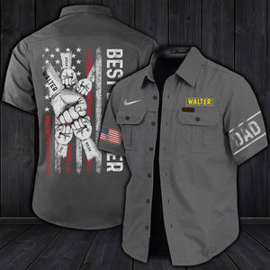 Gray personalized dad cargo shirt with American flag, Dad patch on sleeve, and custom name Walter on chest