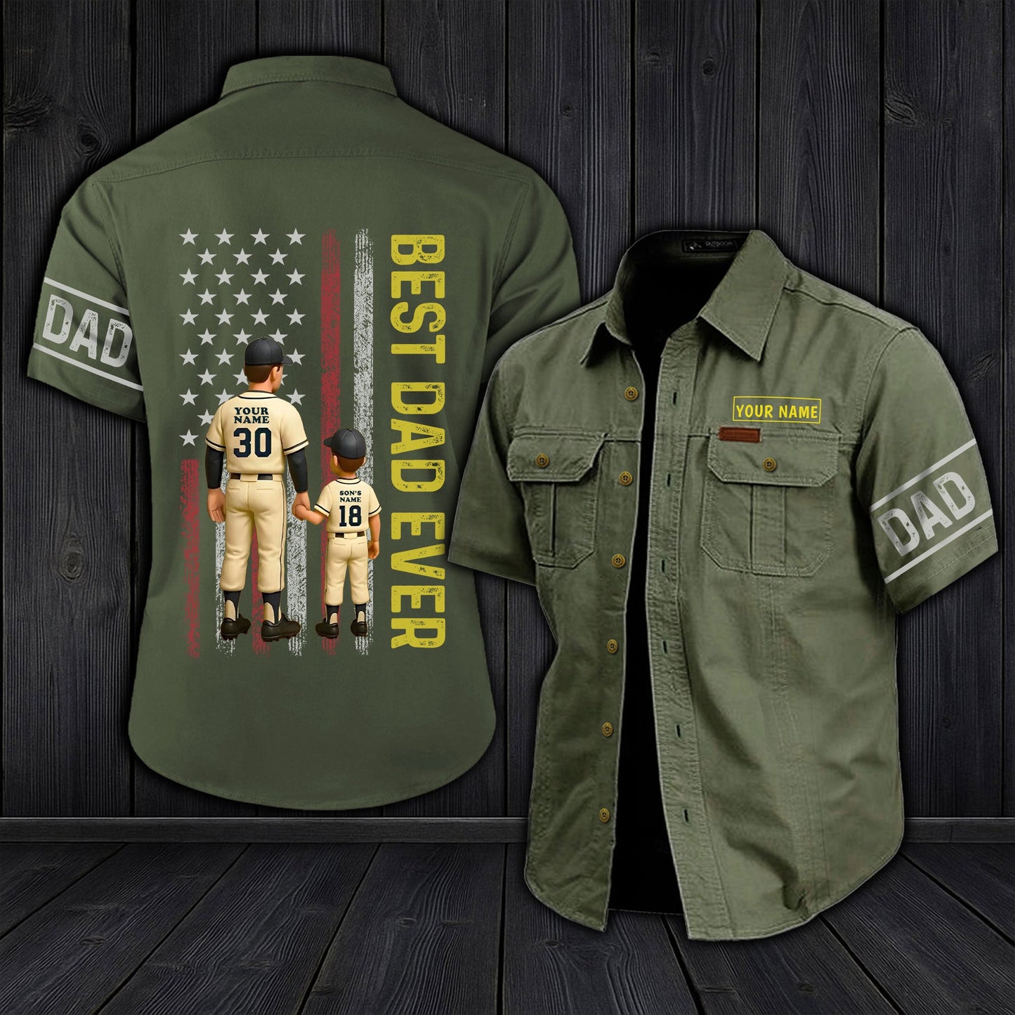 Personalized dad cargo shirt in olive green with custom name and baseball player design on back