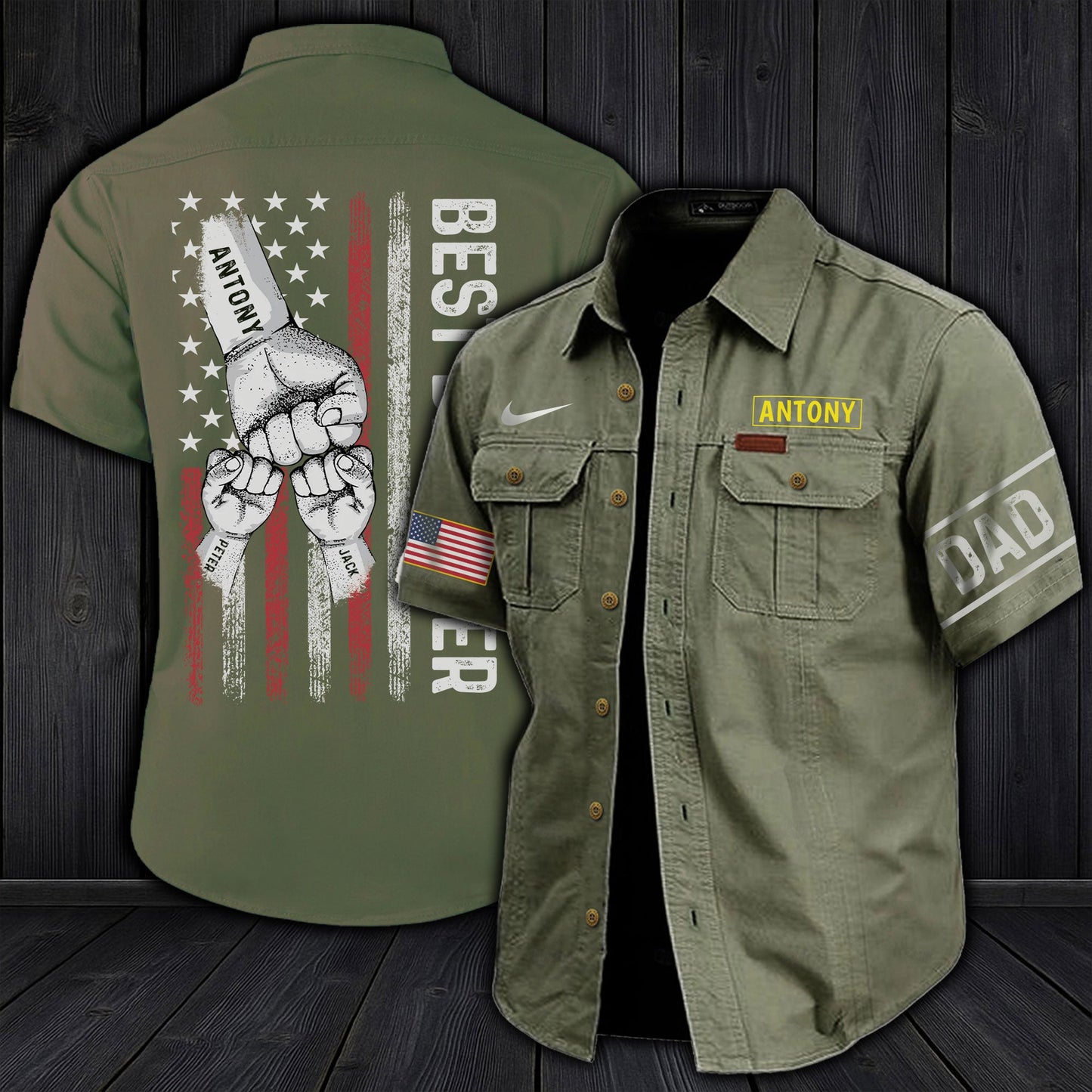 Personalized dad cargo shirt in olive green with name Antony and patriotic back design