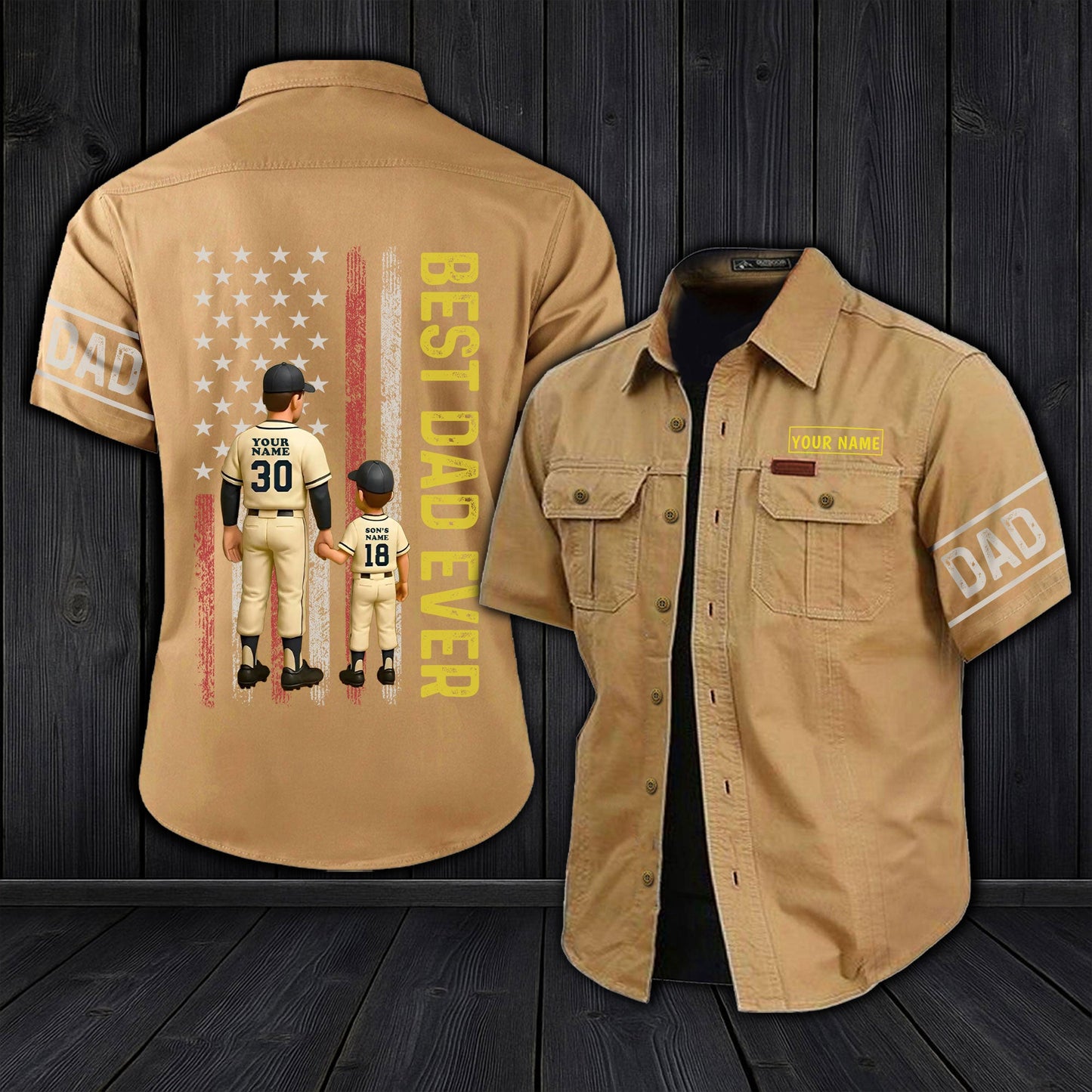Personalized dad cargo shirt in tan with custom name and best dad ever design on back