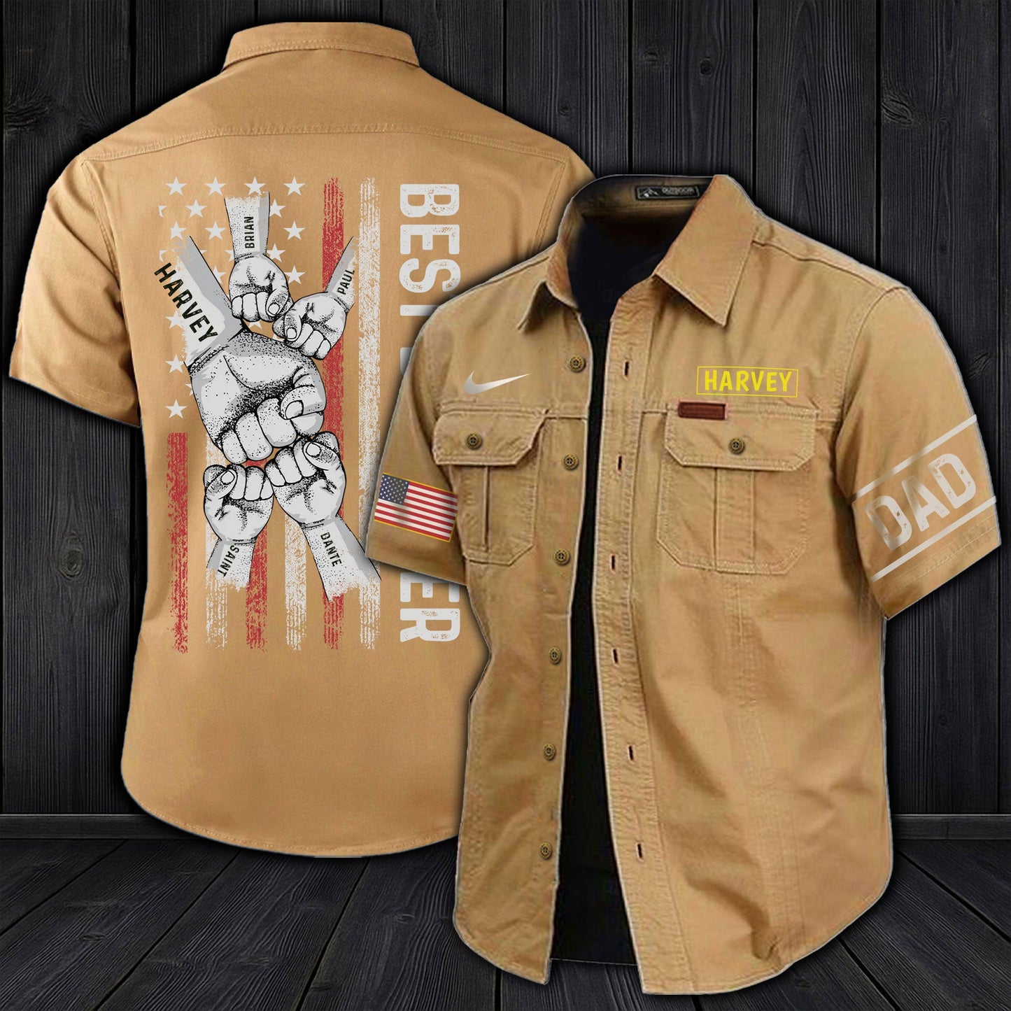 365Gifty personalized dad cargo shirt in tan with name patch, American flag patch, and unique back design