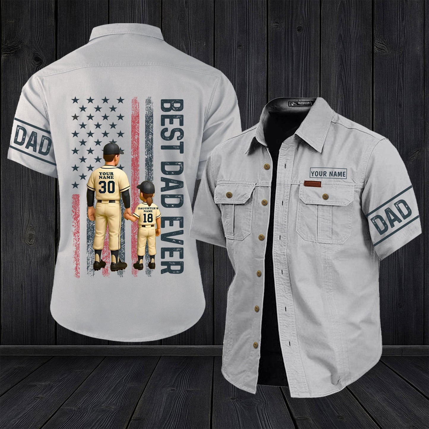 365Gifty personalized dad cargo shirt with Best Dad Ever design and customizable name and number