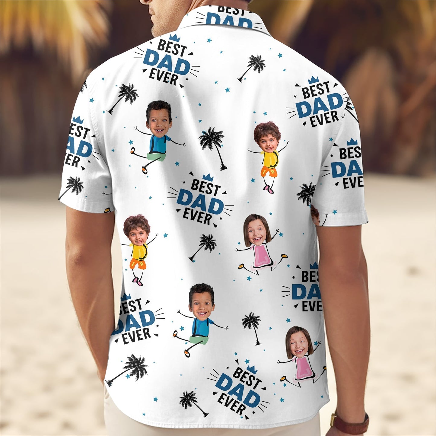 White personalized dad hawaiian shirt with cartoon kids and best dad ever text print on beach background