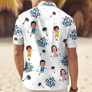 White personalized dad hawaiian shirt with cartoon kids and best dad ever text print on beach background