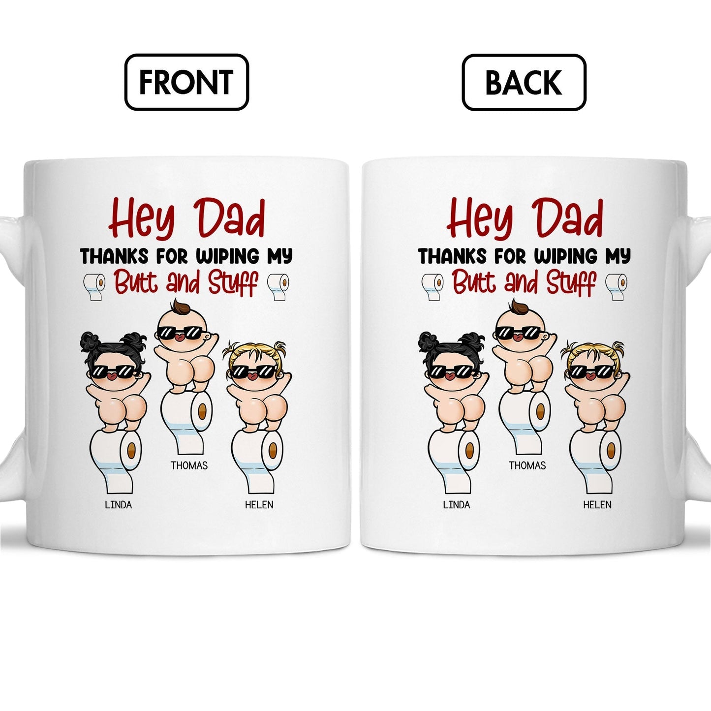 Personalized dad mug from kids with humorous design featuring babies in sunglasses and a funny message