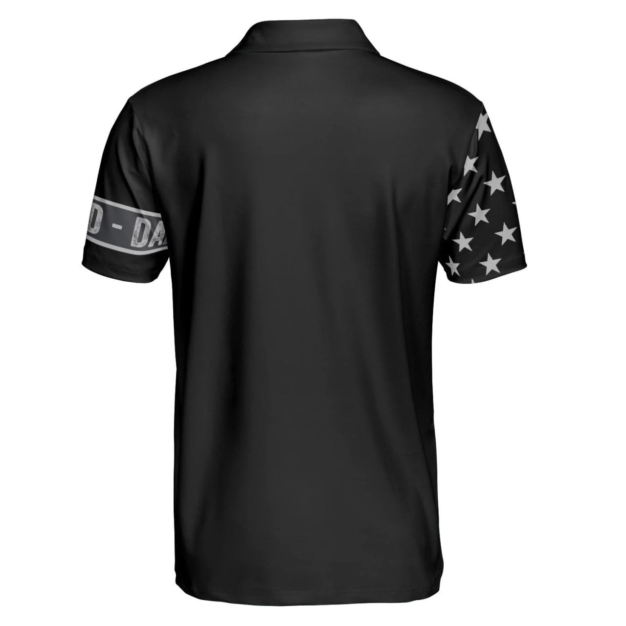 Back view of black personalized dad polo shirt with stars and dad text on sleeves