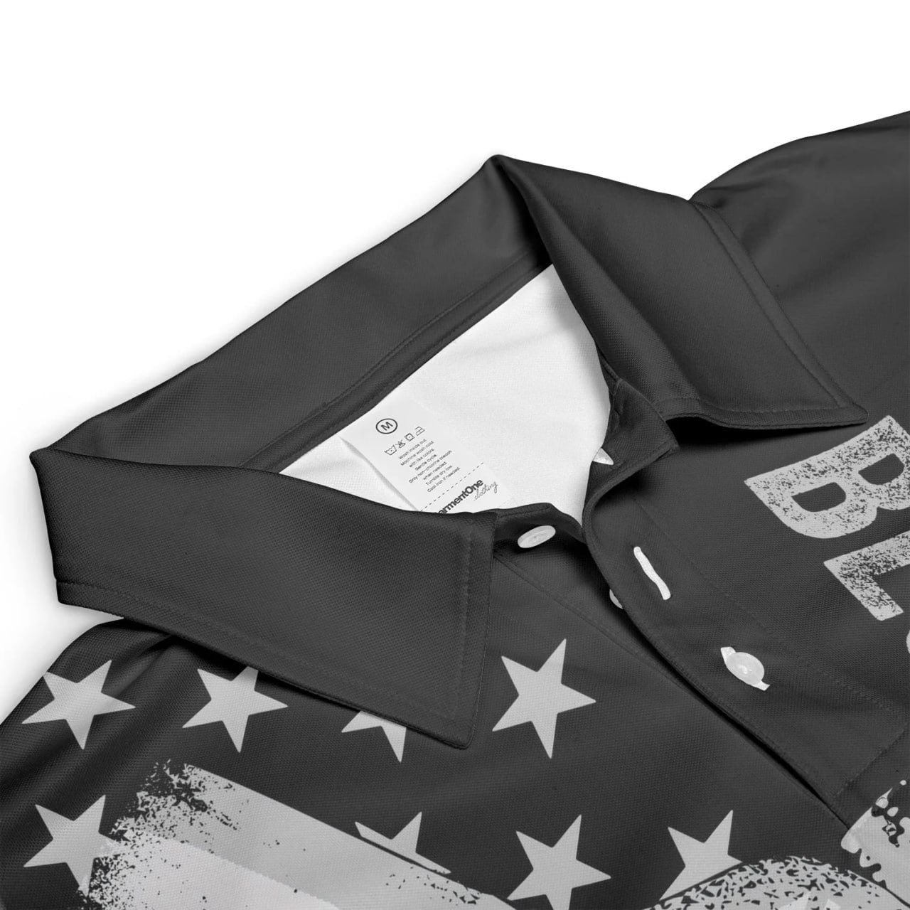 Close-up of a black personalized dad polo shirt with stars and button collar details