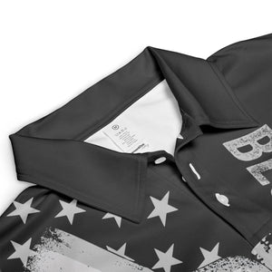 Close-up of a black personalized dad polo shirt with stars and button collar details