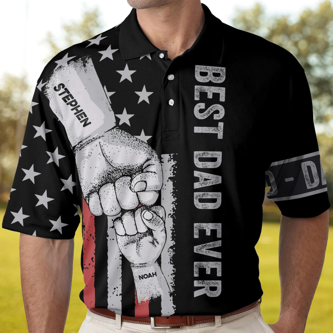 365Gifty personalized dad polo shirt with black design and best dad ever fist bump graphic