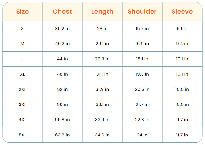 Size chart for personalized dad polo shirt showing chest, length, shoulder, and sleeve measurements in inches