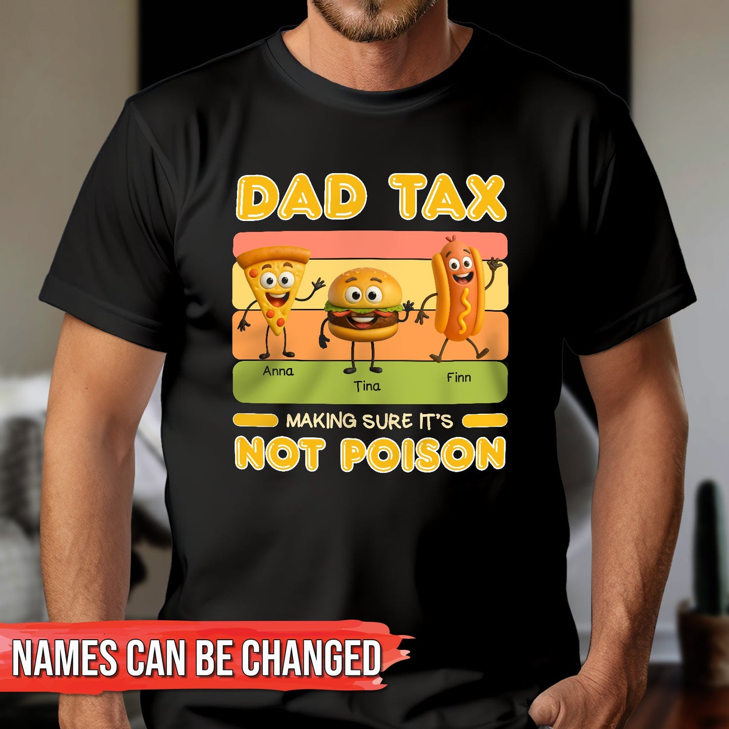 Black personalized dad tax t-shirt with cartoon pizza burger and hotdog characters and customizable names