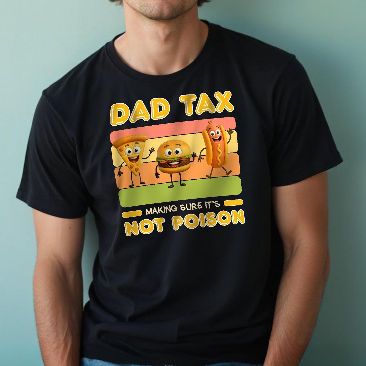 Black personalized dad tax t-shirt with cartoon pizza, burger, and hot dog graphic and funny text