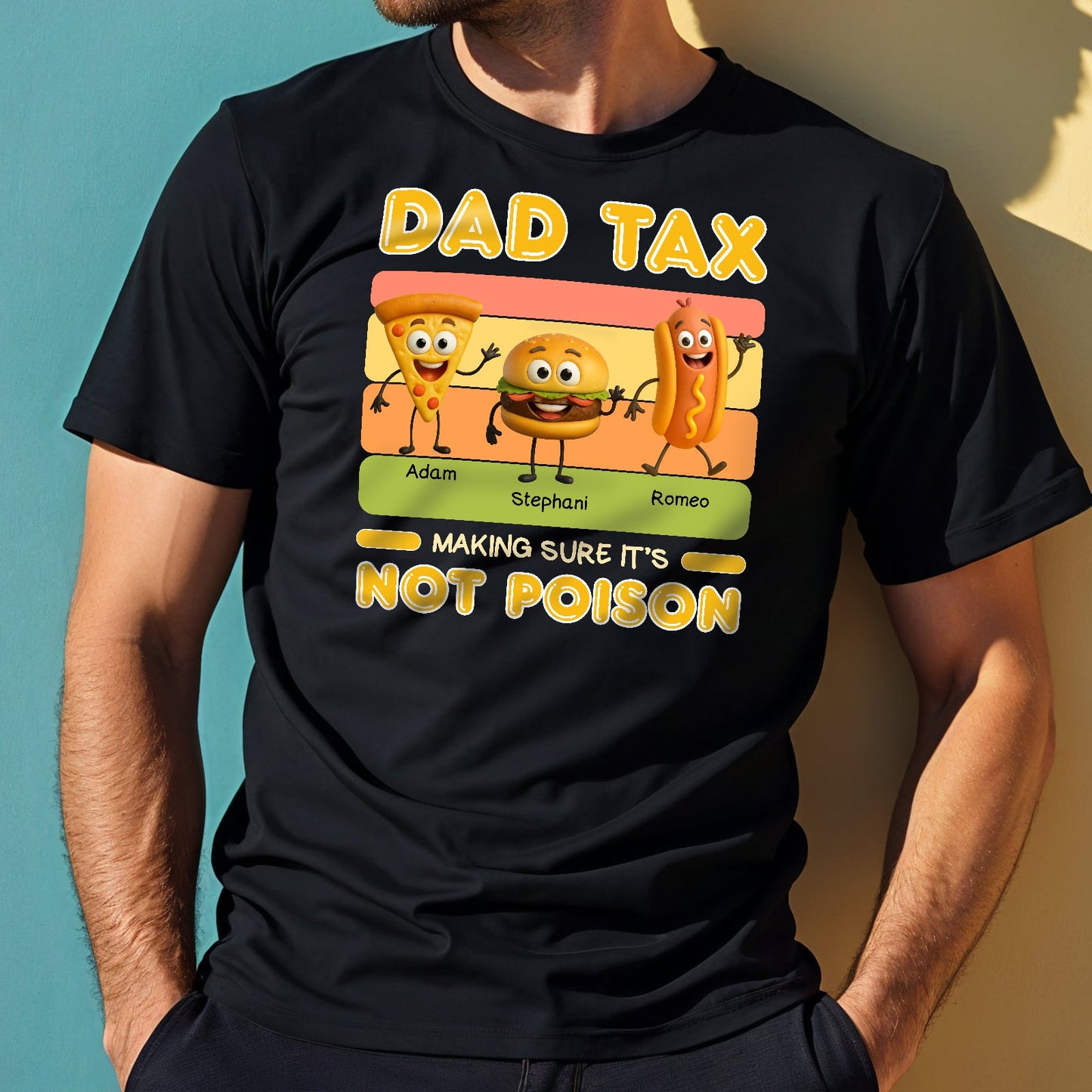 Black personalized dad tax t-shirt featuring cartoon pizza, burger, and hotdog with names and funny text
