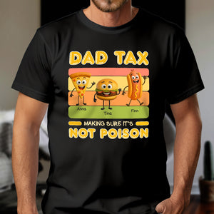 Black personalized dad tax t-shirt with cartoon pizza, burger, and hot dog characters and names Anna, Tina, Finn