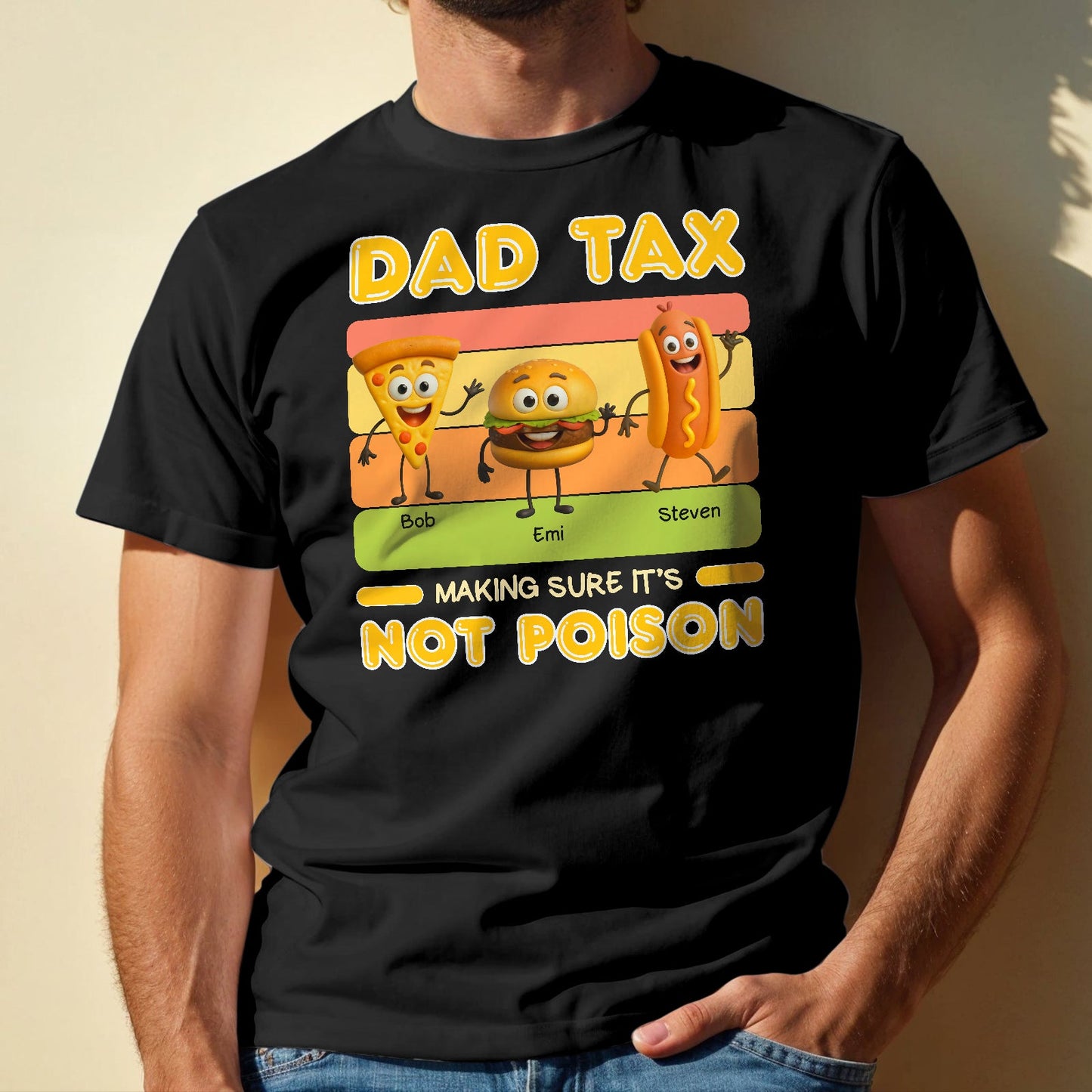 Black personalized dad tax t-shirt with cartoon food characters and humorous text design