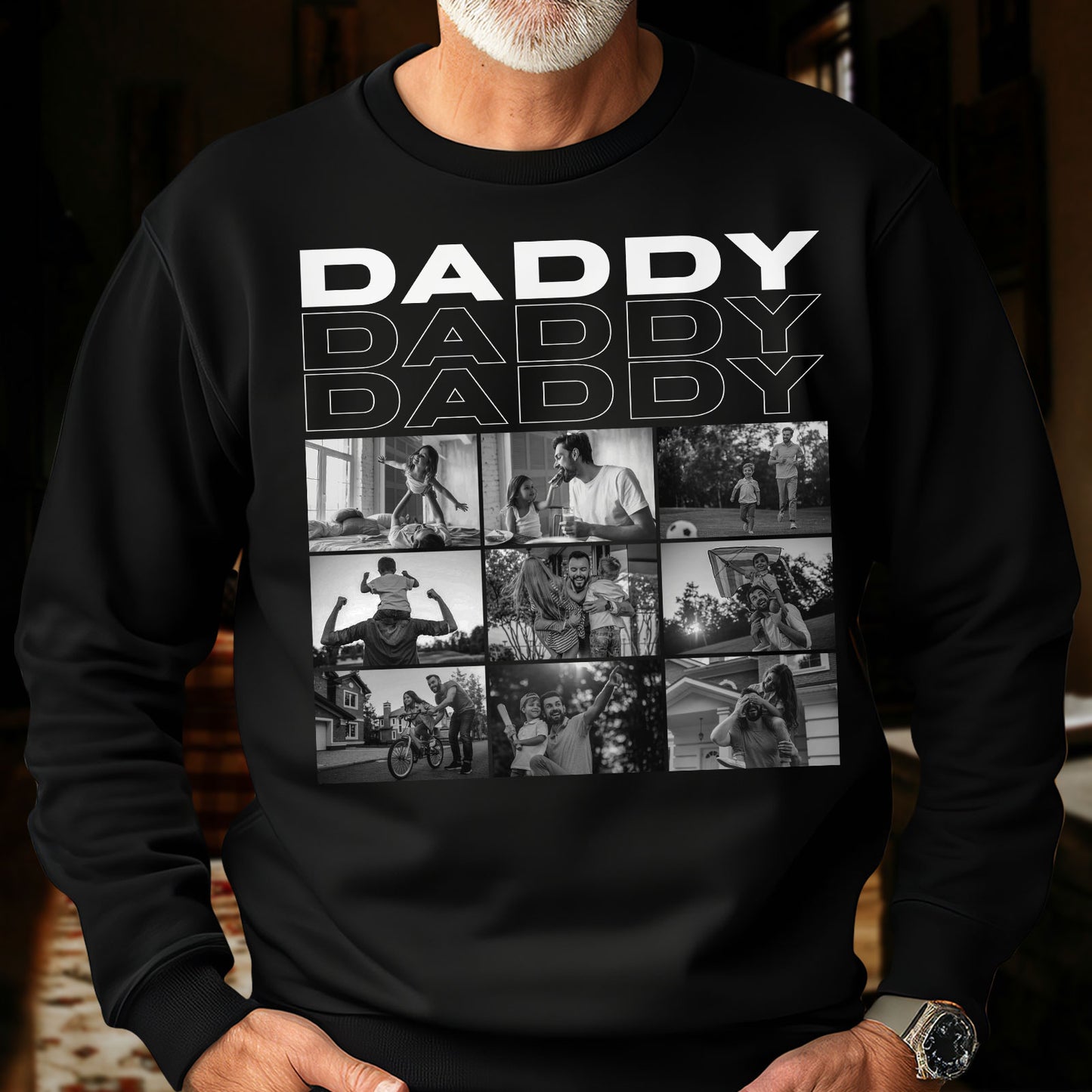 Black personalized daddy shirt with collage of family photos and repeated DADDY text