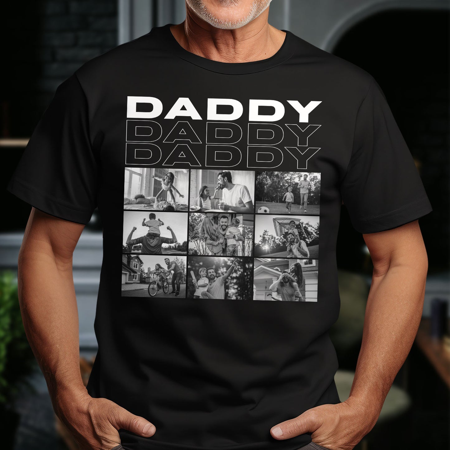 Black personalized daddy shirt with DADDY text and black and white family photo collage