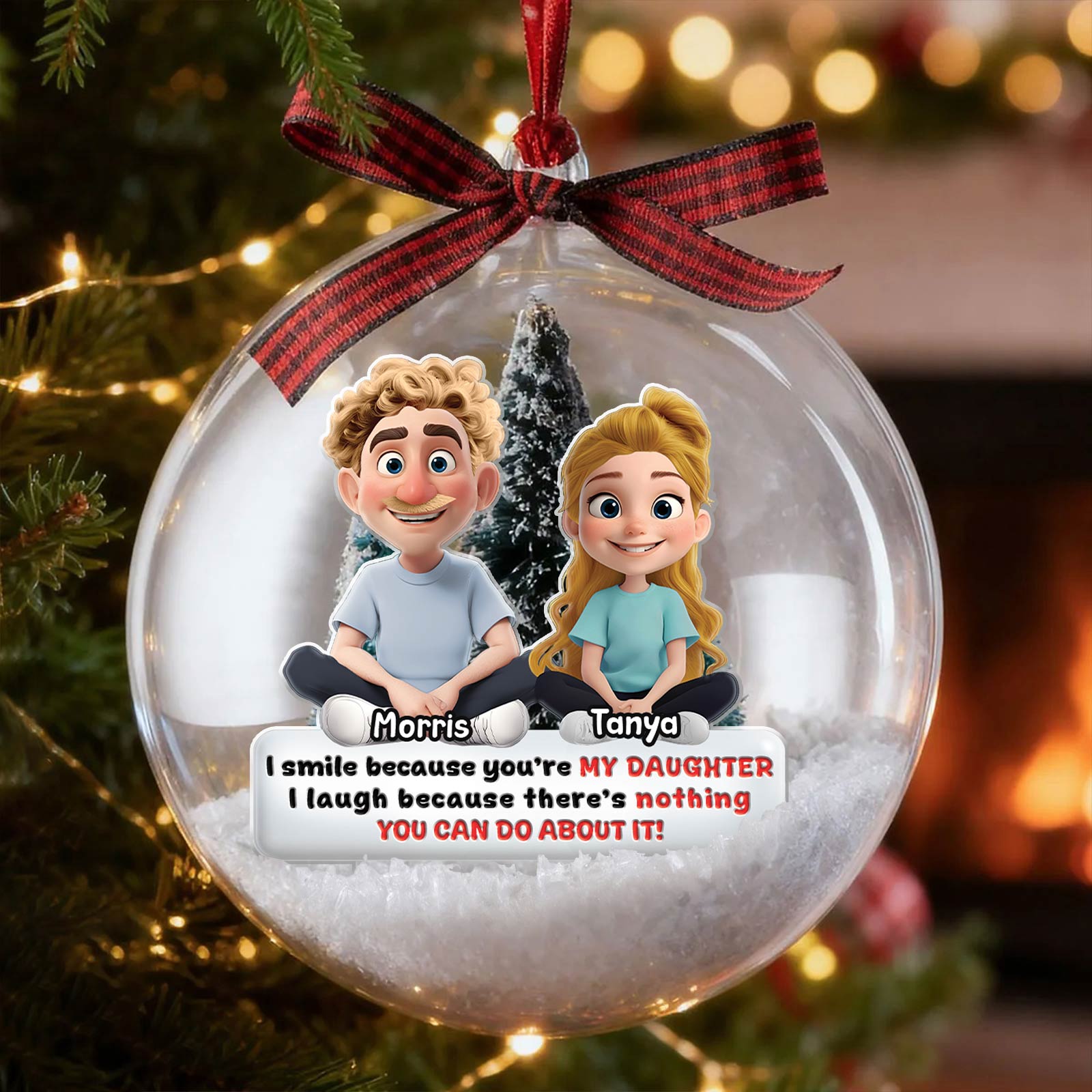 Personalized daughter Christmas ornament featuring cartoon characters with a festive design and snow effect